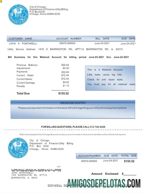 Em branco modelo Word e PDF para conta de serviços públicos, CIDADE DE CHICAGO, EUA